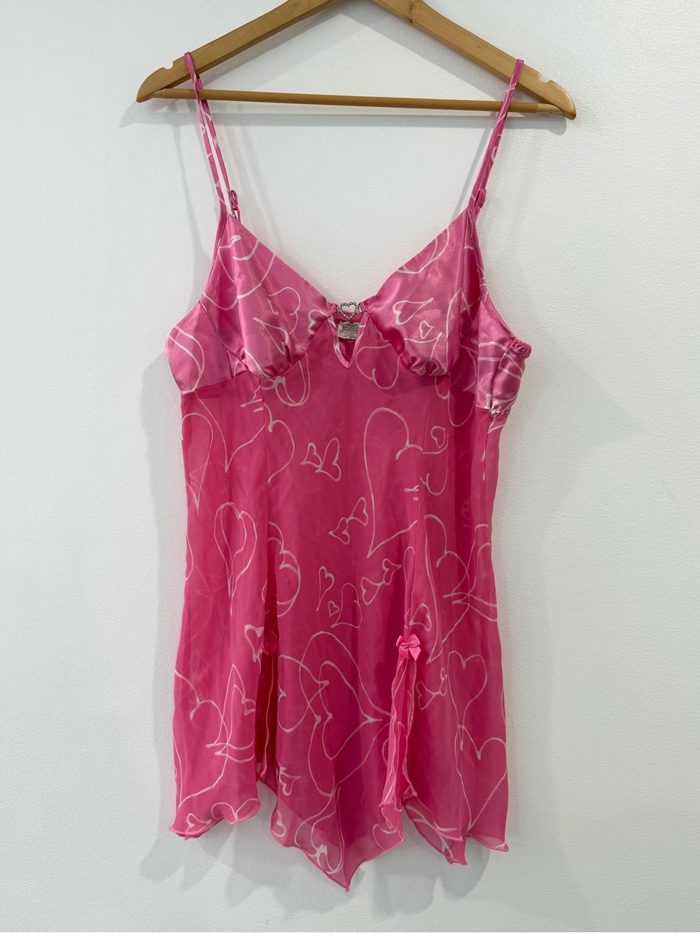 Pink‎ Babydoll Satin Sheer Nightie Pink Hearts y2k Large